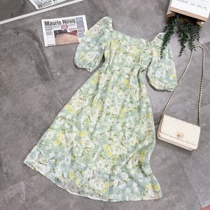 VÁY HOA XANH CỔ VUÔNG 2 LỚP VOAN TƠ-7