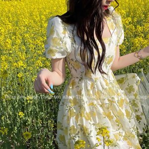 [Hàng sẵn] VÁY HOA NHÍ HOA CAM XANH CỘC TAY XOÈ BỒNG HAI LỚP HÀNG QUẢNG CHÂU-7