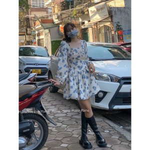 [ẢNH THẬT m ]Váy/ đầm dài tay hoa nhí cổ vuông dúm ngực dáng A bồng bềnh-9