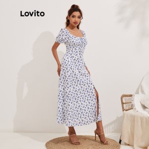 Váy Lovito họa tiết hoa phối dây buộc cổ vuông xẻ sâu kiểu dáng không đồng đều L13X002 (màu xanh lam)-4