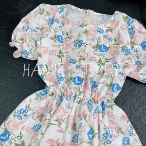 Váy hoa nhí vintage dáng dài maxi xòe qua gối HSG082, đầm dáng xòe cổ tròn tay bồng chun eo dễ mặc-9
