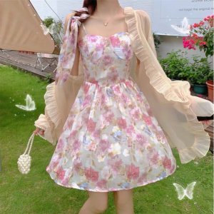 Set áo khoác cardigan mỏng + váy 2 dây hoa có sẵn mút ngực 🌷-7