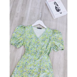 Váy đầm hoa xanh cổ V cúc bọc hàng đẹp V132-9