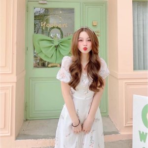 Váy hoa nhí cổ vuông vintage dáng dài tay ngắn phối nút bộc,đầm dự tiệc cưới công chúa sang chảnh xinh đẹp-5