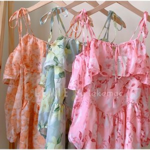SẴN HÀNG Váy Hoa Ngắn Trễ Vai V22, Đầm Xòe Hoa Dài Tay Phong Cách Tiểu Thư Vải Voan Hoa Cam , Hoa Hồng LEMIE by lekemqc-9