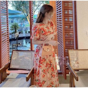 Đầm hoa thiết kế tay bồng dáng xòe vuốt ly chất tơ ép đẹp 2 lớp - 145-5