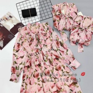 [Mã FATHANG5 giảm 10K đơn 50K] V047 Váy Dự Tiệc Dáng Dài pha Cổ Nơ , Đầm Hoạ Tiết Dài Tay , Chân Váy Dập Ly Cao Cấp-7