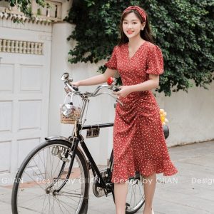 Váy hoa nhí tay bồng đuôi cá thiết kế GIIAN, đầm nữ công sở ngắn tay cổ V rút dây dáng dài G-V2156-8