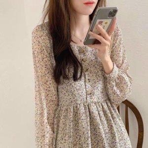 Đầm hoa nhí vintage cho nữ bánh bèo váy nữ dài tay phong cách tiểu thư ulzzang Hàn quốc xinh xắn-4