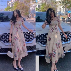 [Sẵn/VIDEO] Váy voan hoa cổ vuông tay bồng xếp li tôn dáng. Đầm maxi bánh bèo-2