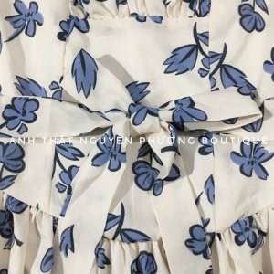 Đầm váy hoa xanh dài tay cổ vuông dúm viền ngực tôn dáng xòe bồng siêu xinh-9