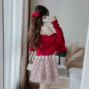 Set váy 2 món váy hoa 2 dây khóa lưng kèm áo khoác thun gân, Váy 2 dây hoa xếp ly ngực siêu xinh-8