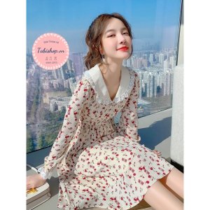 Váy Đầm hoa nhí dài tay cổ sen phối ren cho nữ bánh bèo, đầm tiểu thư phong cách hàn quốc dự tiệc đi chơi noel tết-2