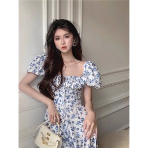 Đầm váy nữ hoa xẻ tà đi biển tay phồng trễ vai nhún ngực siêu đẹp - FIFI D47-5