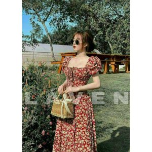 Váy hoa đỏ vintage xẻ tà có miếng lót ngực free size dưới 55kg vừa kèm hình thật-3