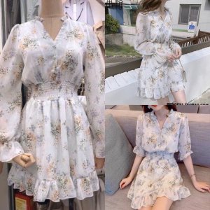 Váy hoa nhí Vintage đuôi cá dài tay có chun eo-3