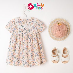 Váy cho bé gái GELU KIDS họa tiết hoa nhí phối cổ viền ren bé gái chất liệu thô mềm mát - VBG003-6