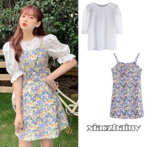 Xiaozhainv Áo tay phồng / Đầm Hoa Phong Cách Hàn Quốc Xinh Xắn Cho Nữ-1