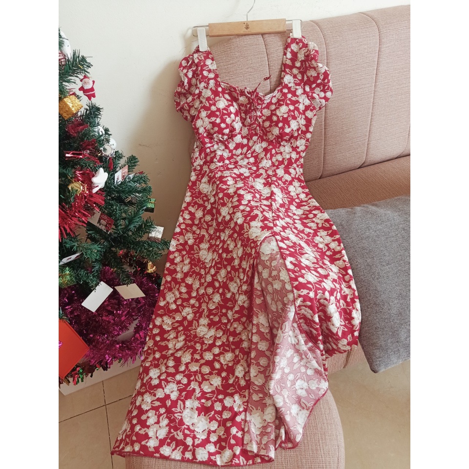 Váy hoa đỏ vintage xẻ tà có miếng lót ngực free size dưới 55kg vừa kèm hình thật-5
