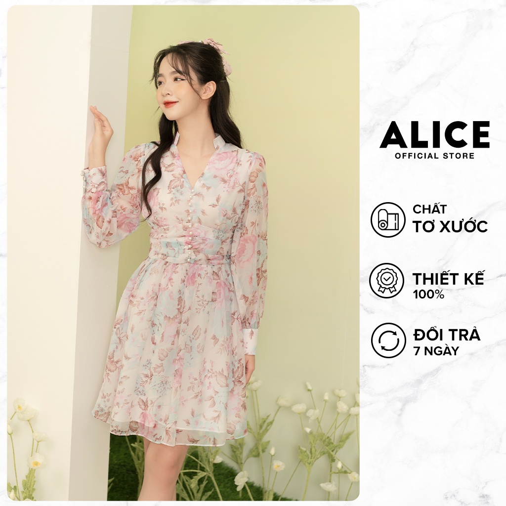 Váy Hoa Xòe Dài Tay ALICE Chất Vải Tơ Lót Lụa Mềm Mịn Thiết Kế Váy Chiết Eo Cố V Cúc Ngọc Duyên Dáng Thanh Lịch V779-1