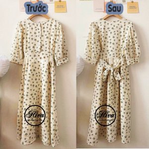 Đầm trắng hoa nhí cỏ 4 lá may mắn body cổ cúc dọc tay ngắn ulzzang , Váy nữ vintage thiết kế dự tiệc-2