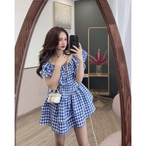 Váy Kẻ Trễ Vai Tầng Xanh Đen Hot Hit Có Ảnh Thật Kèm Video-3