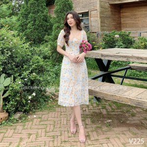 Váy Hoa Nhí Vintage Dáng Dài Cổ Bèo Vải Tơ Lụa Cao Cấp V225-5