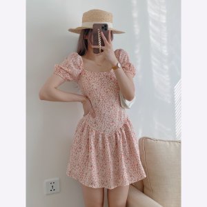 Váy hoa nhí cúp ngực cổ vuông tay phồng dáng xoè ngắn tiểu thư vintage xixeoshop - v110-8