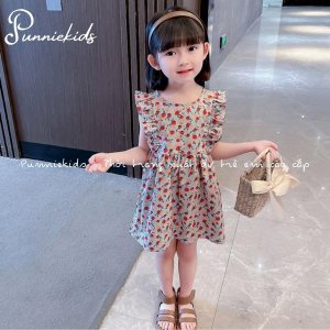 Váy hoa nhí xuất dư thắt nơ sau chất thô mịn mềm mát mùa hè cho bé gái phong cách vintage-5