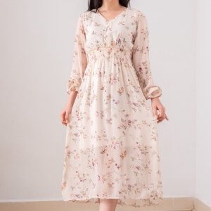 Váy Hoa ulzzang dáng dài cúc bọc voan tơ Quảng Châu Đầm hoa nhí vintage dáng dài Juka Shop-2