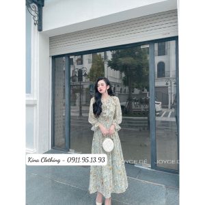 Đầm nữ maxi dáng dài cổ nơ đính ngọc voan hoa nhí D06-6