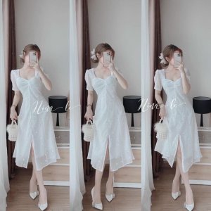 [Mã 44FASHIONSALE626 giảm 10K đơn 50K] Váy hoa trắng nút bọc(Sẵn tại shop )-8