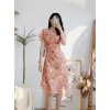 Váy đầm hoa nữ ngắn tay dáng dài hoa cam cổ tròn nhún eo YAME-1