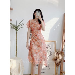 Váy đầm hoa nữ ngắn tay dáng dài hoa cam cổ tròn nhún eo YAME-1