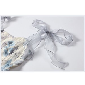 Đầm midi Hoa tay ngắn màu xanh lam Tòa án Pháp Váy thanh lịch 2022-9