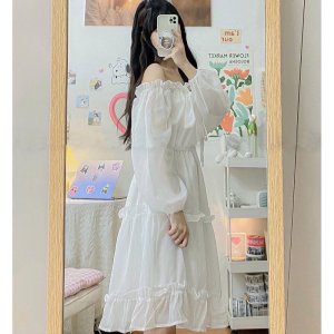 Váy babydoll, váy trắng trễ vai dáng dài hở lưng tay bồng đầm dự tiệc, mặc đi chơi, đi biển, siêu xinh, VAY002-6