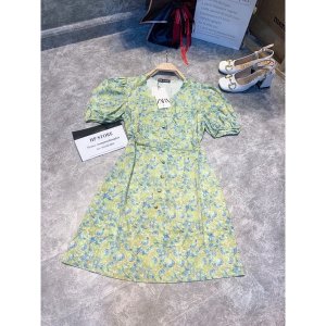 Váy hoa xanh cổ V tay bồng cúc bọc siêu xinh(kèm ảnh thật)-8