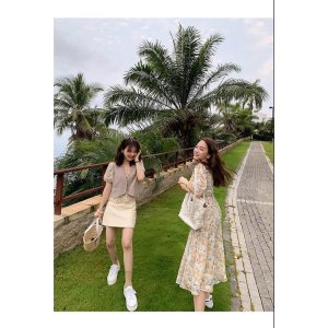 Váy midi ôm eo vải voan in họa tiết hoa thời trang mùa hè kiểu Pháp xinh xắn -9