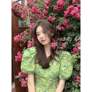 Váy đầm hoa xanh cổ V cúc bọc hàng đẹp V132-4