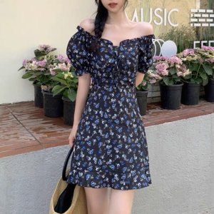 Đầm Tay Phồng Cổ Vuông Màu Đen Họa Tiết Hoa Xinh Xắn Thời Trang-7