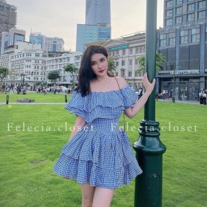 Váy Kẻ Trễ Vai Tầng Xanh Đen Hot Hit Có Ảnh Thật Kèm Video-5