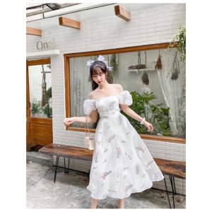 Váy hoa nhí cổ vuông vintage dáng dài tay ngắn phối nút bộc,đầm dự tiệc cưới công chúa sang chảnh xinh đẹp-2