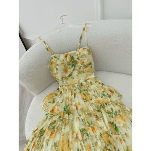 Váy hoa nhí đuôi cá nhún eo họa tiết hoa vàng tay phồng cách điệu dáng dài dự tiệc,công sở xinh đẹp XUKA DRESS DT038-7