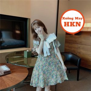 Váy Hoa Cổ Bèo Nơ Chất Thô Cotton Có Khoá Lưng Mã 090 Xưởng May HKN-5