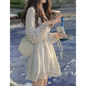 Váy hoa nhí dài tay tiểu thư kèm đai rút eo, Váy hoa vintage kèm đai corset siêu xinh (Có feedback của khách)-3