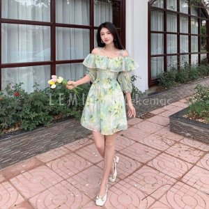 SẴN HÀNG Váy Hoa Ngắn Trễ Vai V22, Đầm Xòe Hoa Dài Tay Phong Cách Tiểu Thư Vải Voan Hoa Cam , Hoa Hồng LEMIE by lekemqc-4