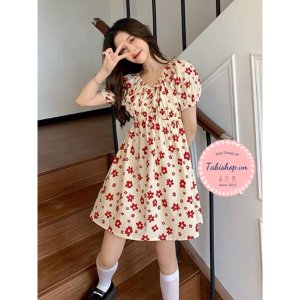 Đầm hoa nhí dáng xòe màu đỏ cho nữ bánh bèo, váy tiểu thư phong cách ulzzang siêu xinh-5