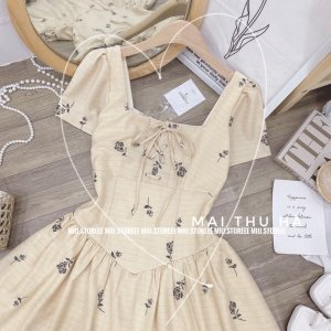 [ẢNH THẬT] VÁY HOA CỔ VUÔNG RÚT DÂY NGỰC DÁNG XOÈ HÀNG HAI LỚP-7