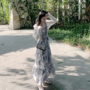 Váy Hai Dây Hoa Xanh Mặc Đi Chơi Đi Biển Đầm Maxi Dáng Dài Mùa Hè Cực Yêu Cho Nữ-5