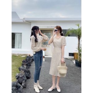 [Ảnh thật] Đầm - váy hoa nhí cổ ren kèm chun turban buộc tóc-3